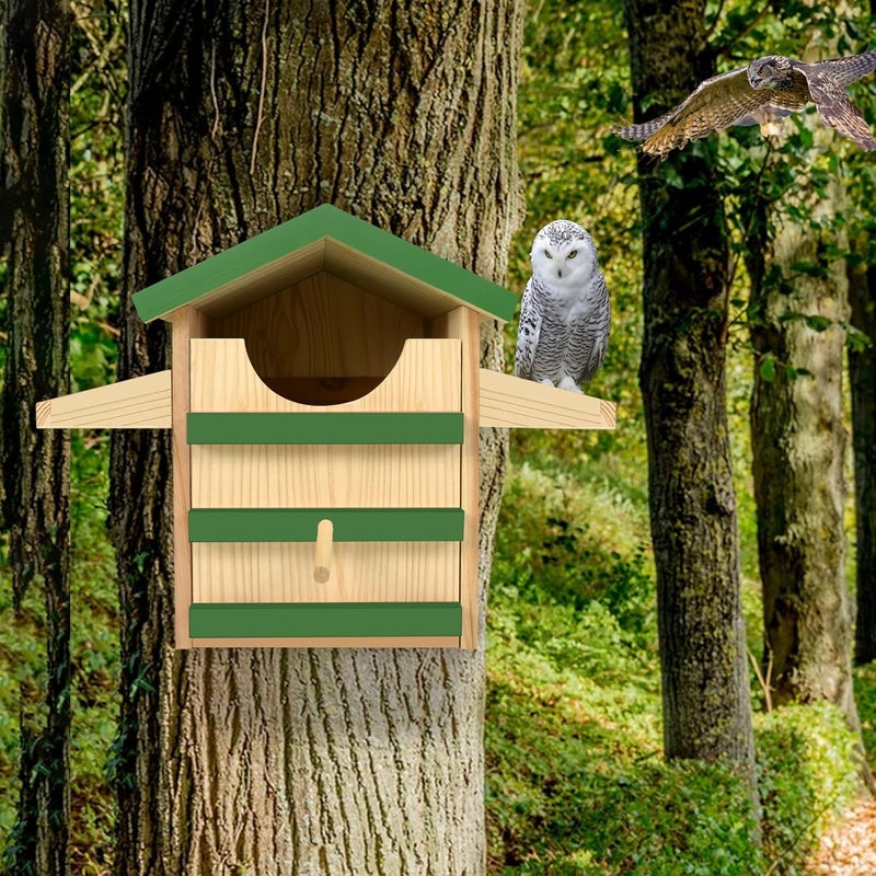HAFTKD Screech Owl House, Wooden Owl Nesting Box with Bird Stand, Large Opening, Mounting Screws, and Wood Shavings for Outside Backyard - Image 5